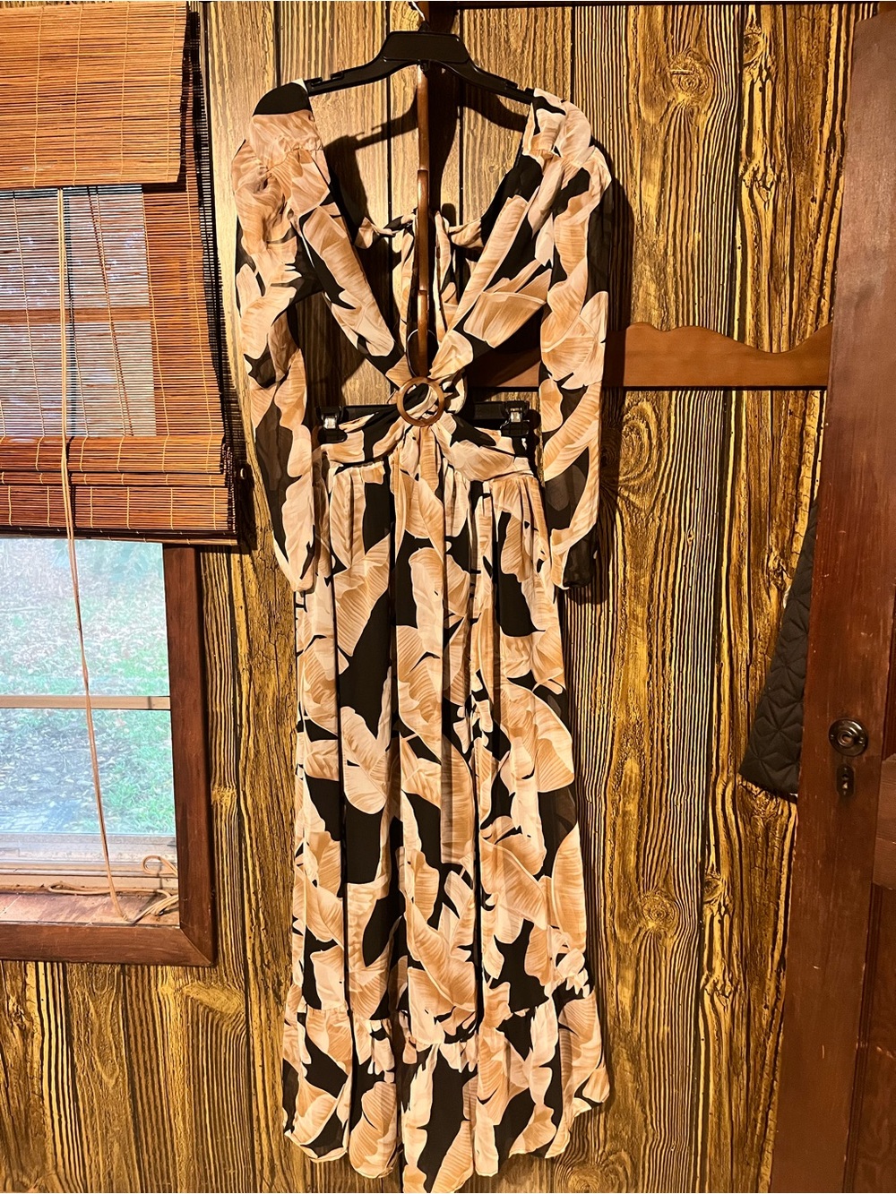 Vici Black Maxi Dress with Beige Leaf Print and Ring Detail